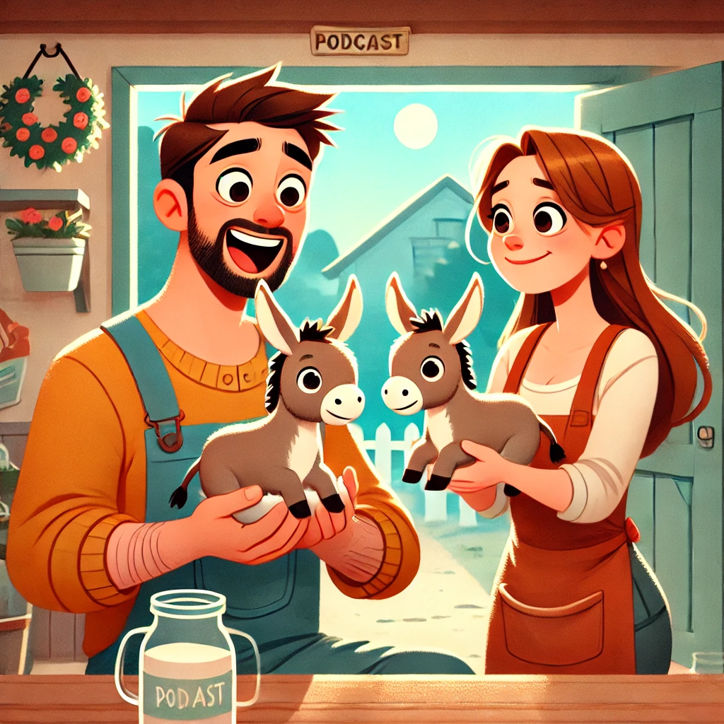 Ein Mann und eine Frau stehen in einem Raum. Beide halten einen kleinen Esel in der Hand.