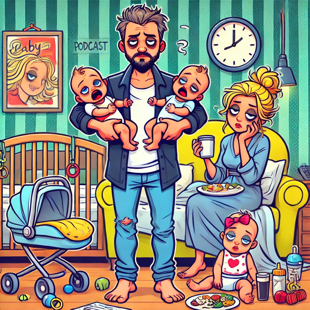 Zwei unausgeschlafene Eltern mit ihren drei kleinen Kindern