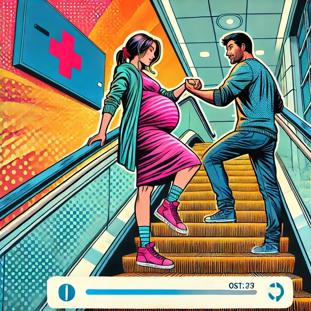 Eine schwangere Frau steigt Treppen, ein Mann hält sie dabei fest.