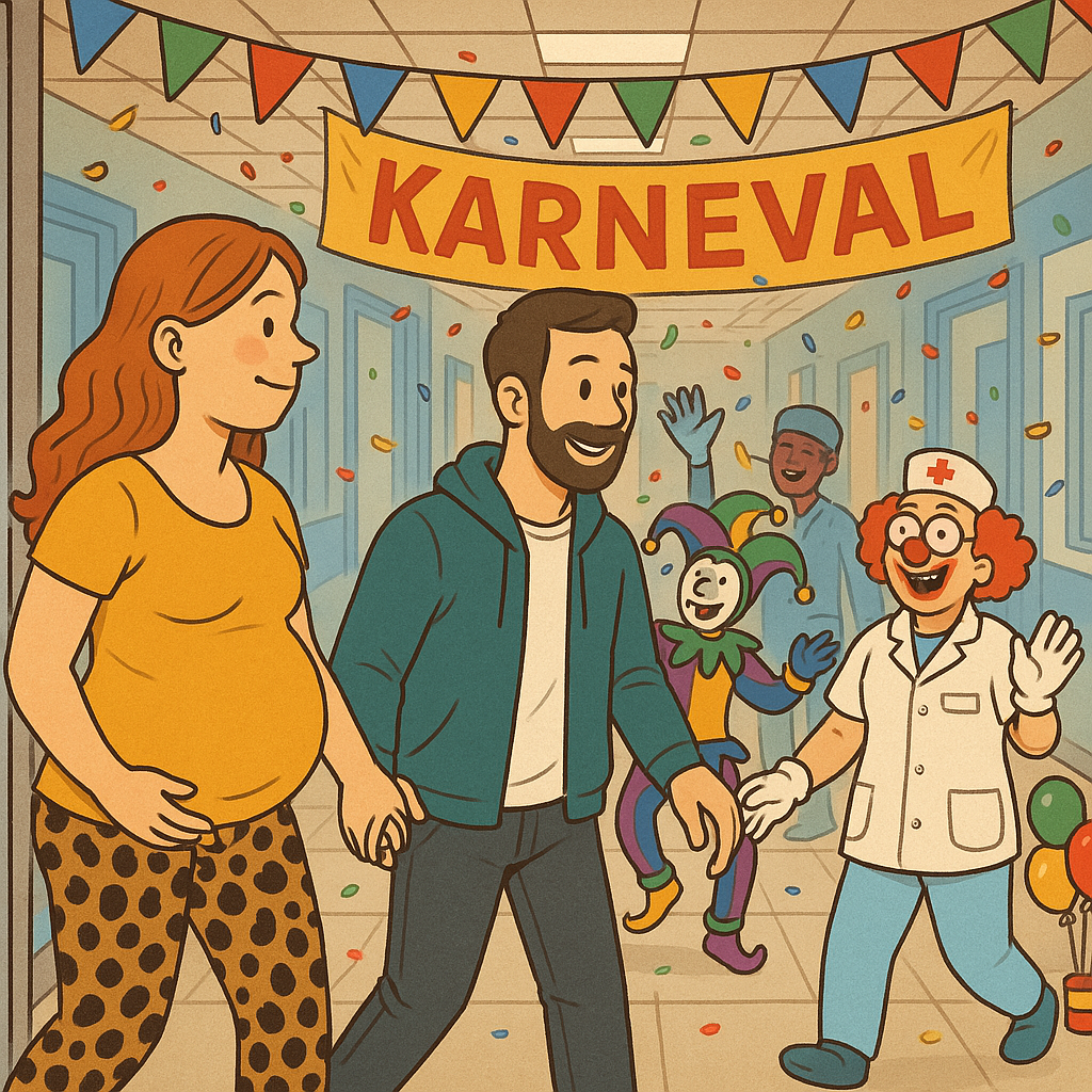 Eine schwangere Frau geht mit ihrem Partner ins Krankenhaus, dort wird Karneval gefeiert.